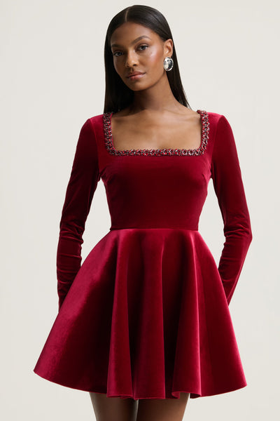 Beloved | Burgundy Velvet Hand-Embellished Square-Neck Mini Dress