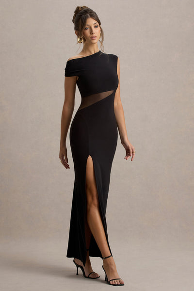 Emily | Black Asymmetric Split Maxi Dress With Mesh Detailing