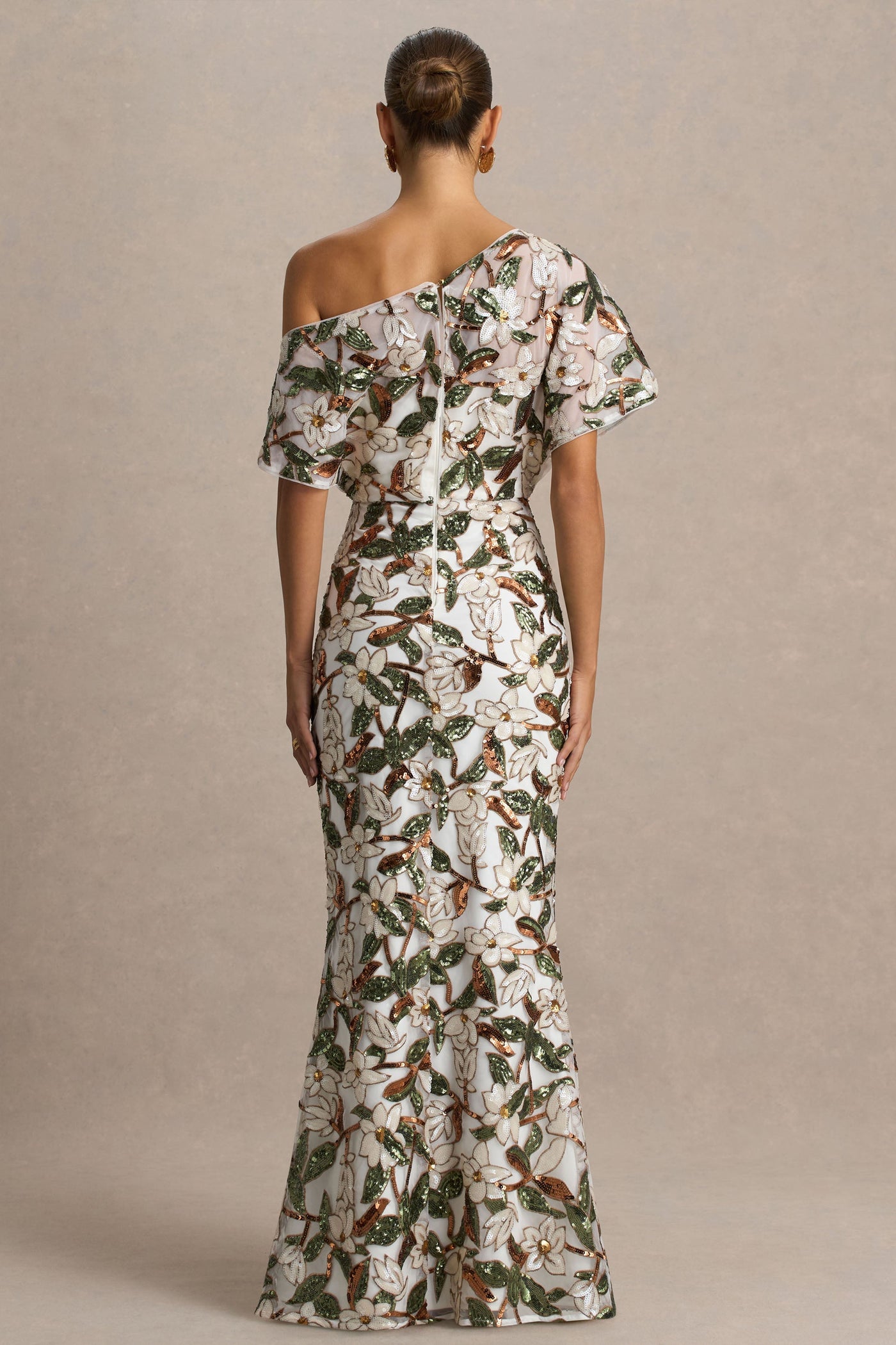 Iony | White And Green Embellished Sequin Floral And Mesh Asymmetric-Neck Maxi Dress