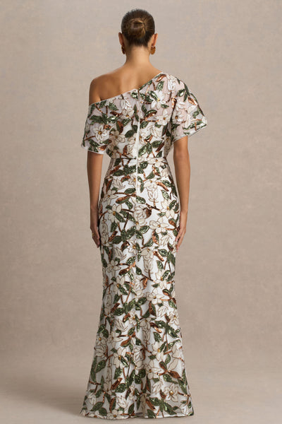Iony | White And Green Embellished Sequin Floral And Mesh Asymmetric-Neck Maxi Dress