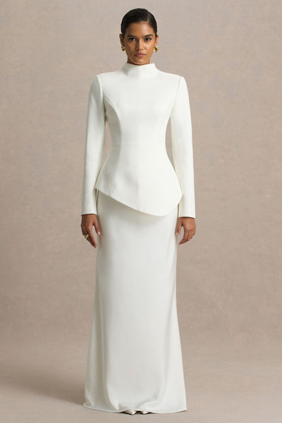 Pepita | Cream High-Neck Tailored Maxi Dress With Drop-Waist And Satin Skirt