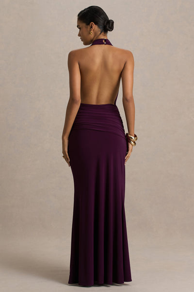Tilly | Burgundy Extreme-Plunge Neck Maxi Dress With Wrap And Ruched Details