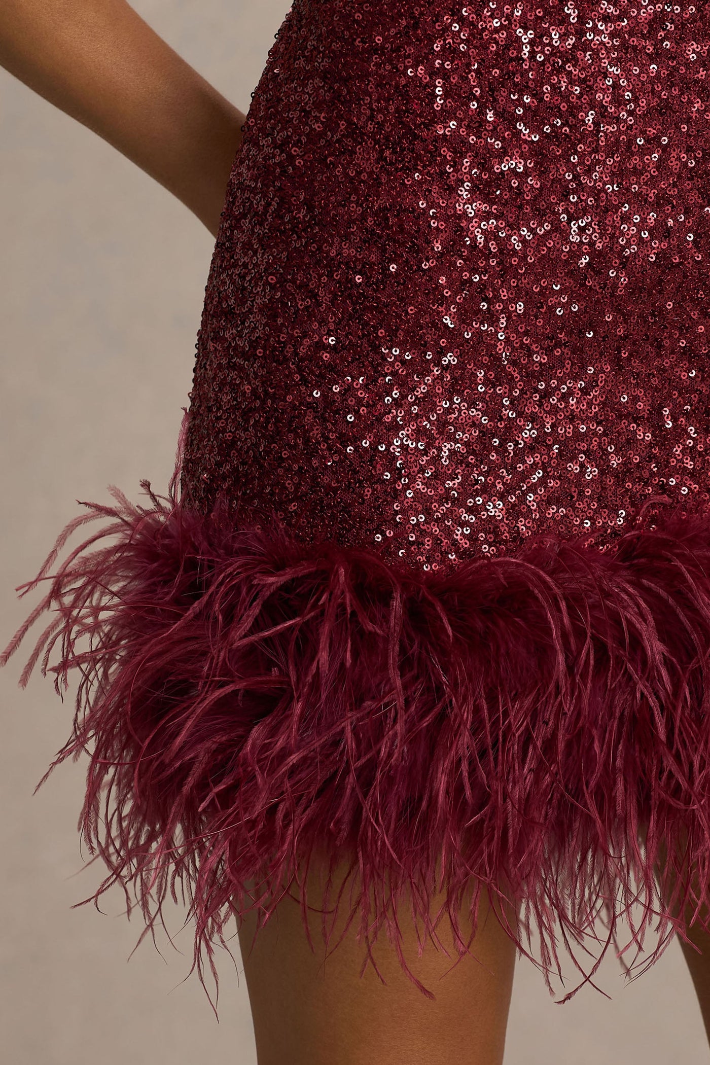 Rosalinda | Burgundy Sequin Square-Neck Mini Dress With Feather Trim