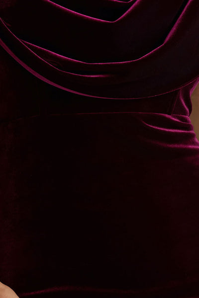 High End | Burgundy Velvet Asymmetric-Neck Midi Dress With Draped Detailing