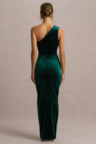 Treat | Bottle Green Velvet Asymmetric-Neck Maxi Dress With Ruched Detailing