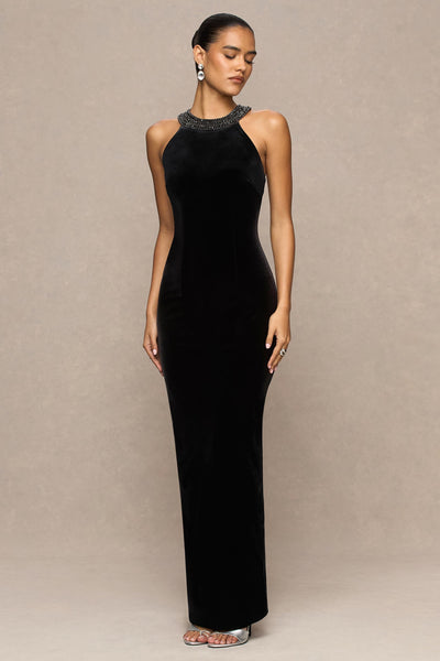 Darya | Black Velvet Embellished High-Neck Maxi Dress
