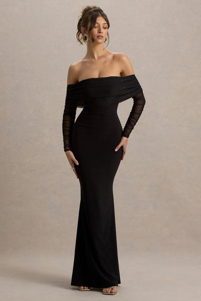 Madeleine | Black Fishtail Maxi Dress With Bardot Mesh Long Sleeves