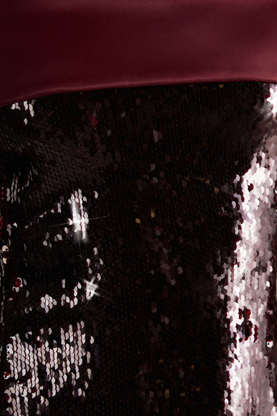 Casandra | Burgundy Sequin Bandeau Mini Dress With Satin Trim