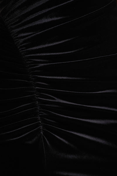 Camilla | Black Velvet Asymmetric-Neck Maxi Dress With Ruched Detailing