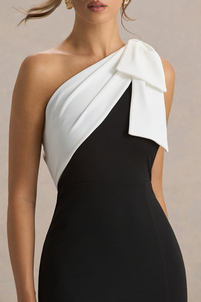 Kiri | Black & White One-Shoulder Bow Maxi Dress