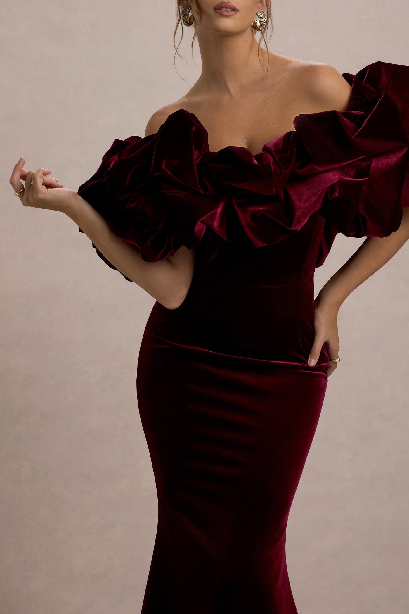 Cecily | Port Velvet Bardot Maxi Dress With Velvet Ruffle Trim