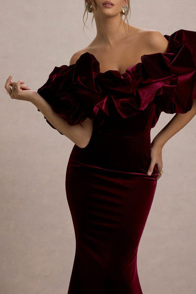 Cecily | Port Velvet Bardot Maxi Dress With Velvet Ruffle Trim