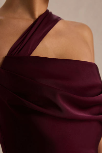 Yazmin | Burgundy Satin Asymmetric Maxi Dress With One-Sleeve Cape