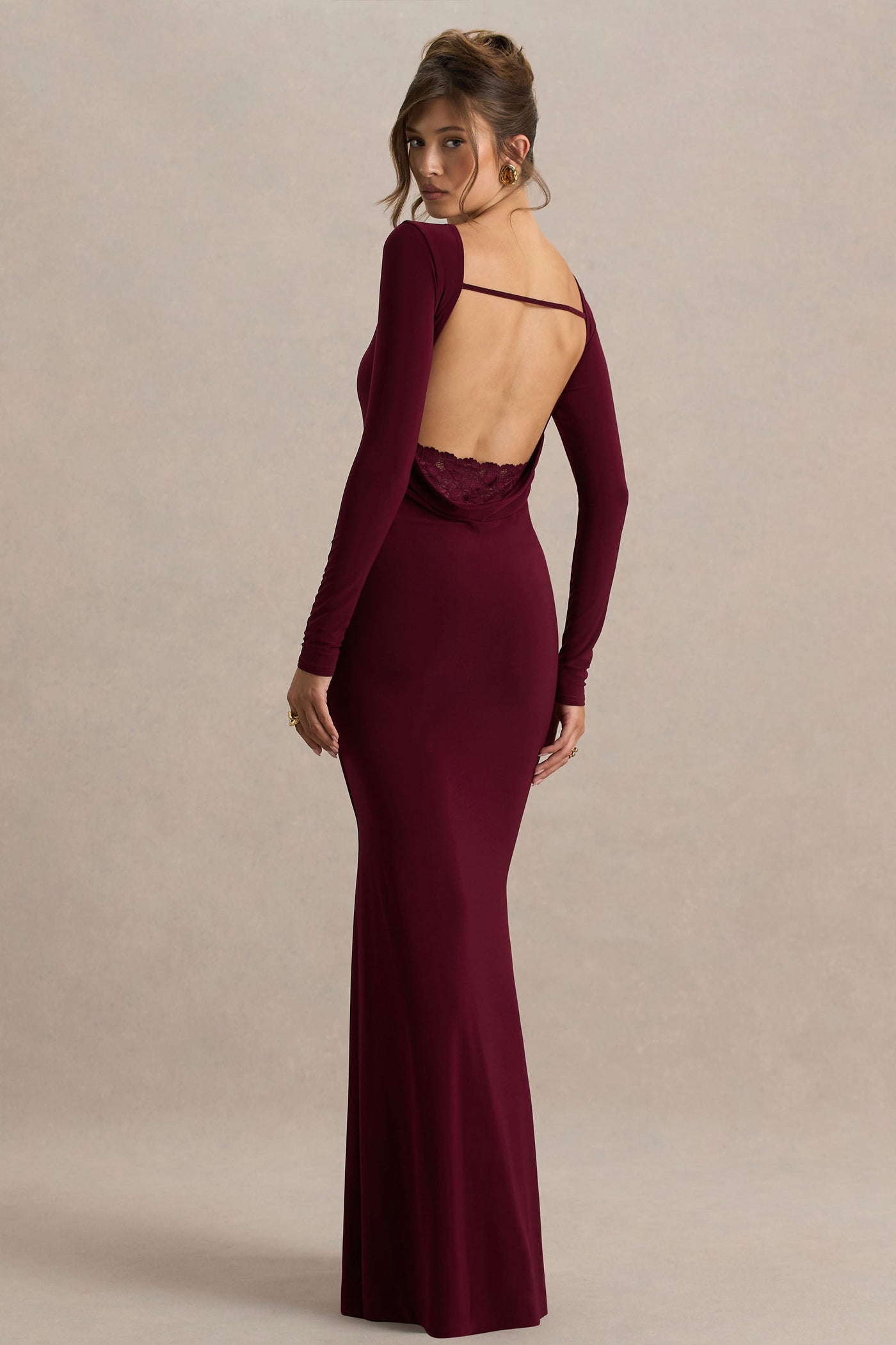 Estelle | Burgundy Boat-Neck Maxi Dress With Open-Back And Lace Detail
