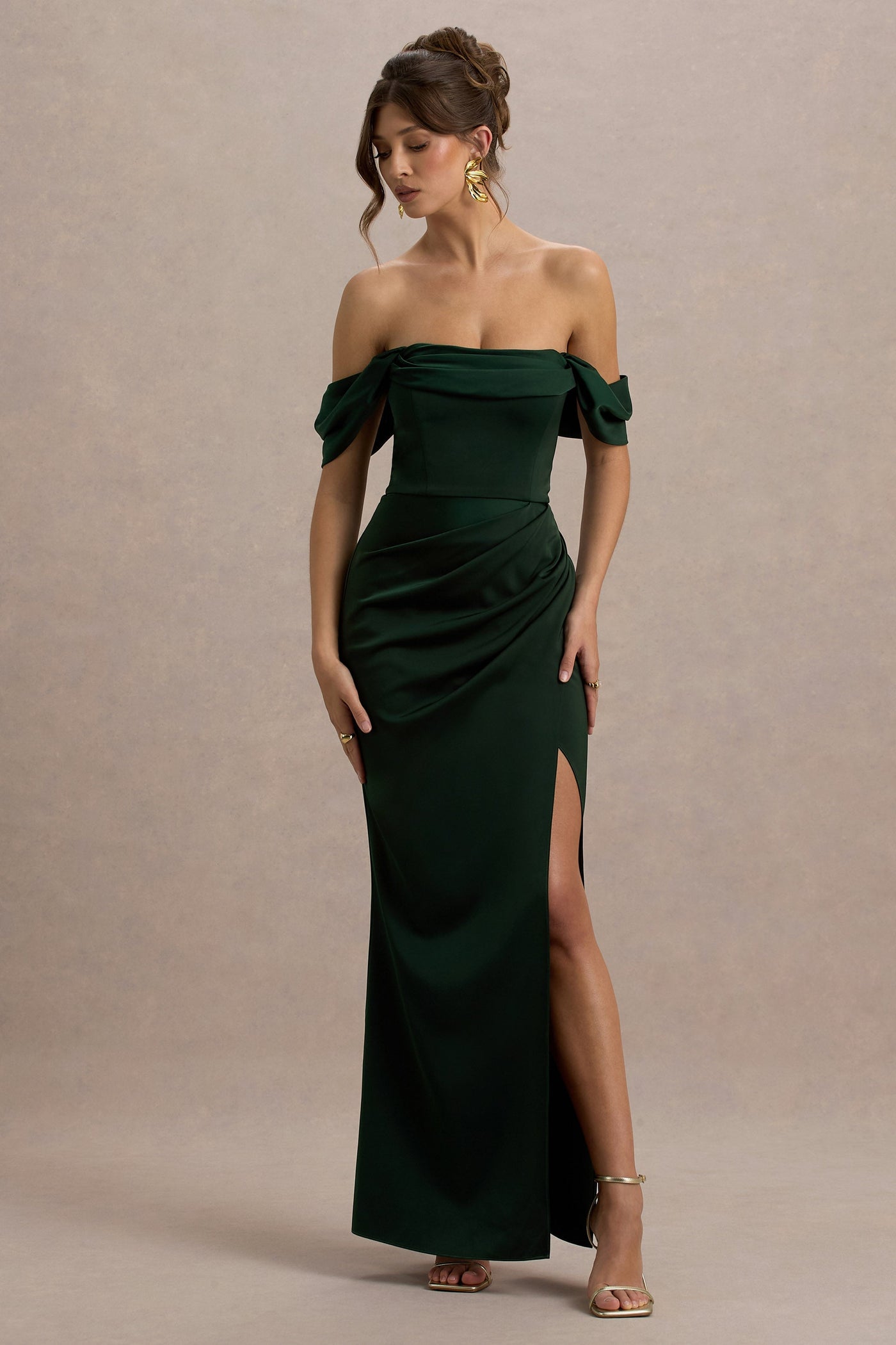 Annie | Bottle Green Satin Bardot Maxi Dress With Split Wrap Skirt