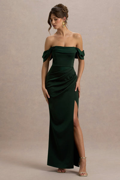 Annie | Bottle Green Satin Bardot Maxi Dress With Split Wrap Skirt