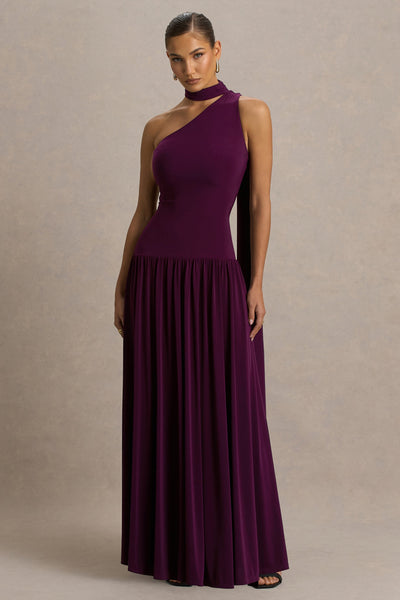 Freesia | Plum Asymmetric-Neck Maxi Dress With Scarf-Detail