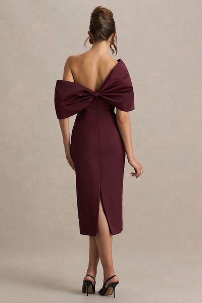 Lucille | Burgundy Asymmetric Bardot Midi Dress With Bow Detail