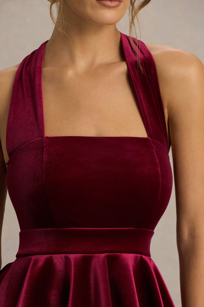 Mirage | Burgundy Velvet Halter-Neck Mini Dress With Skater-Skirt