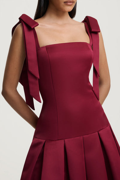 Alberta | Burgundy Satin Square-Neck Midi Dress With Bow Straps