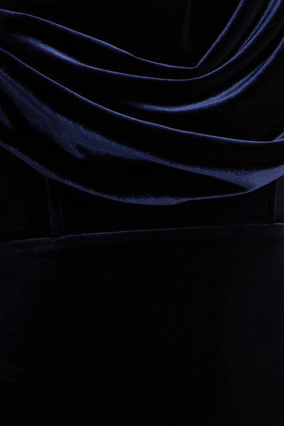 High End | Navy Velvet Asymmetric-Neck Midi Dress With Draped Detailing