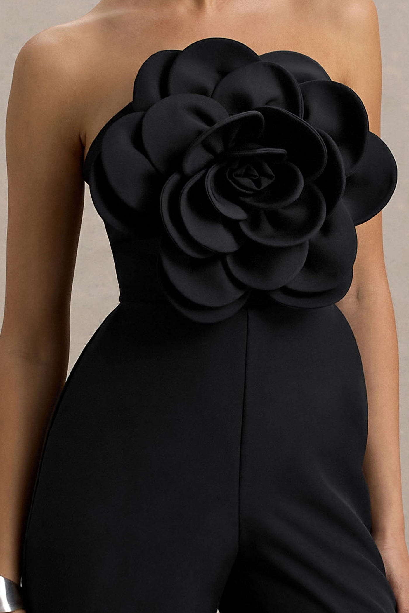 Opia | Black Bandeau Wide-Leg Jumpsuit With Large Floral Corsage
