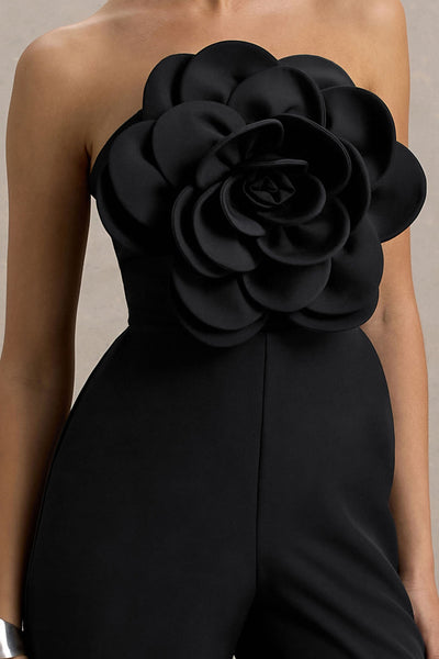 Opia | Black Bandeau Wide-Leg Jumpsuit With Large Floral Corsage