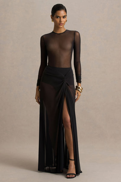 Koami | Black Mesh Long-Sleeve Ruched Maxi Dress With High Split