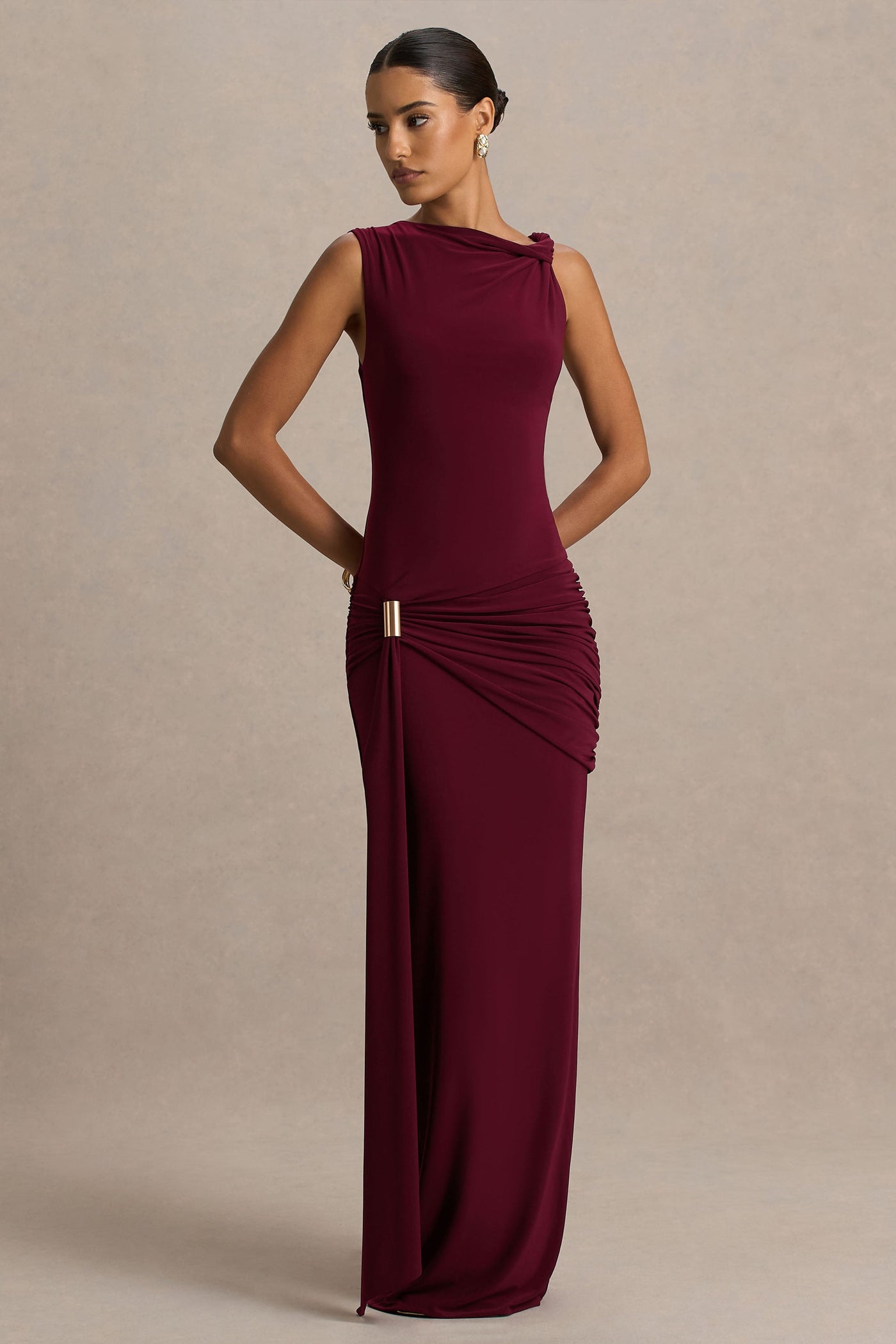 Decadence | Burgundy High-Neck Wrapped Maxi Dress With Twist-Sleeve