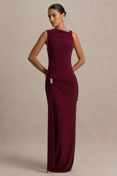 Decadence | Burgundy High-Neck Wrapped Maxi Dress With Twist-Sleeve