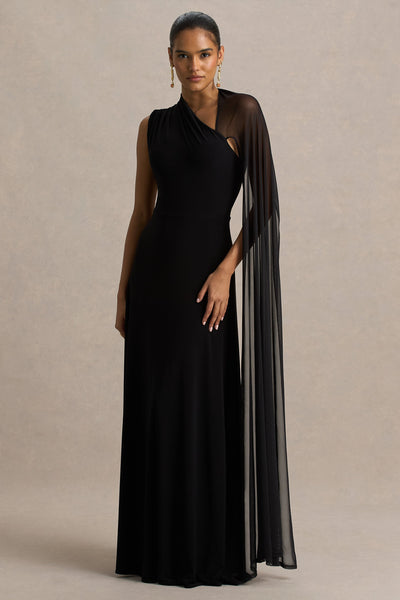 Selena | Black High-Neck Maxi Dress With Cut-Out And Cape Sleeve Detail