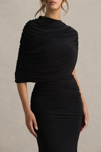 Glitz | Black High-Neck Maxi Dress With Cape Sleeve and Ruched Detail