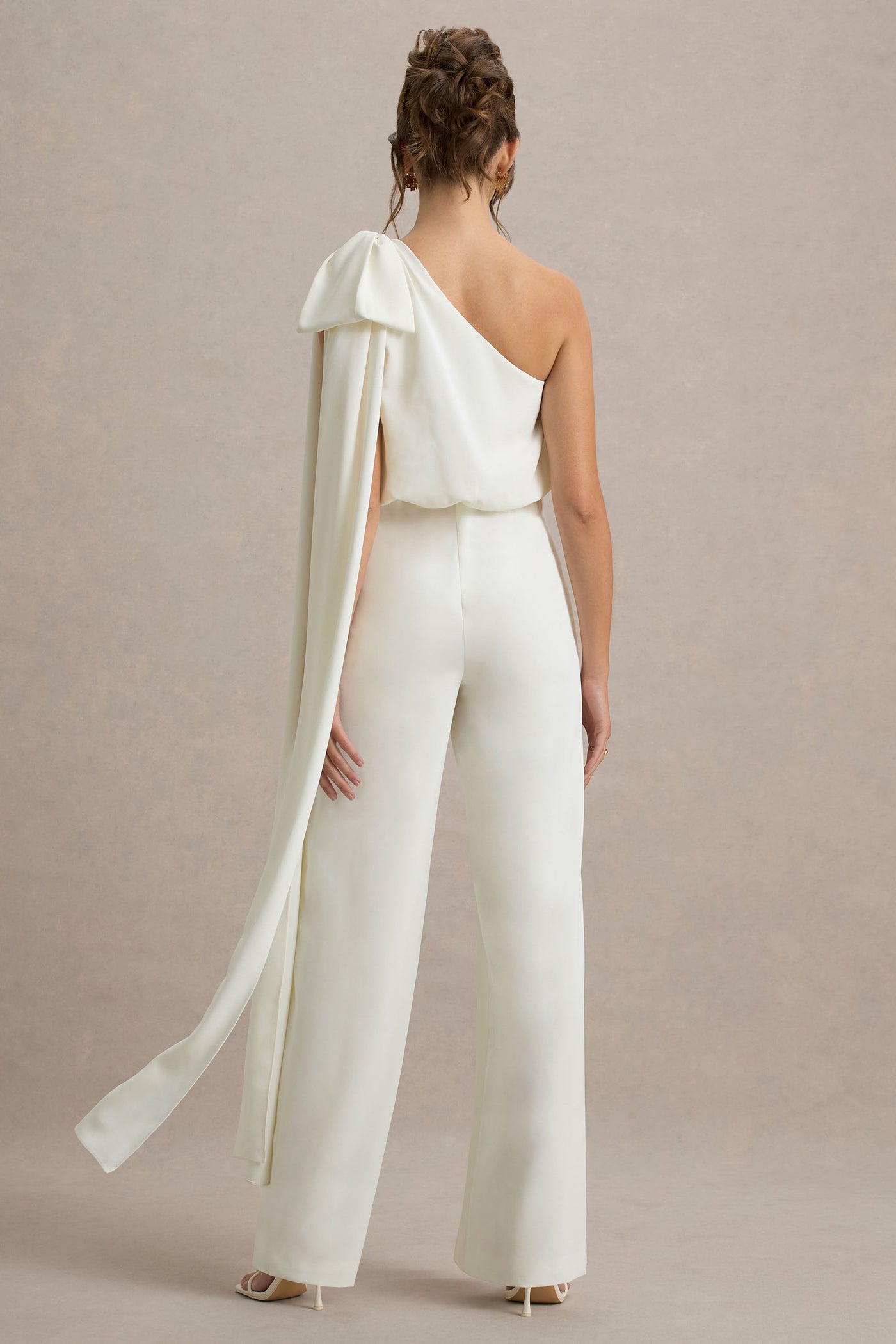 Alice | Cream Asymmetric Bow Shoulder Jumpsuit With Drape