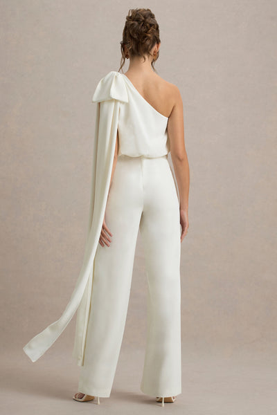 Alice | Cream Asymmetric Bow Shoulder Jumpsuit With Drape