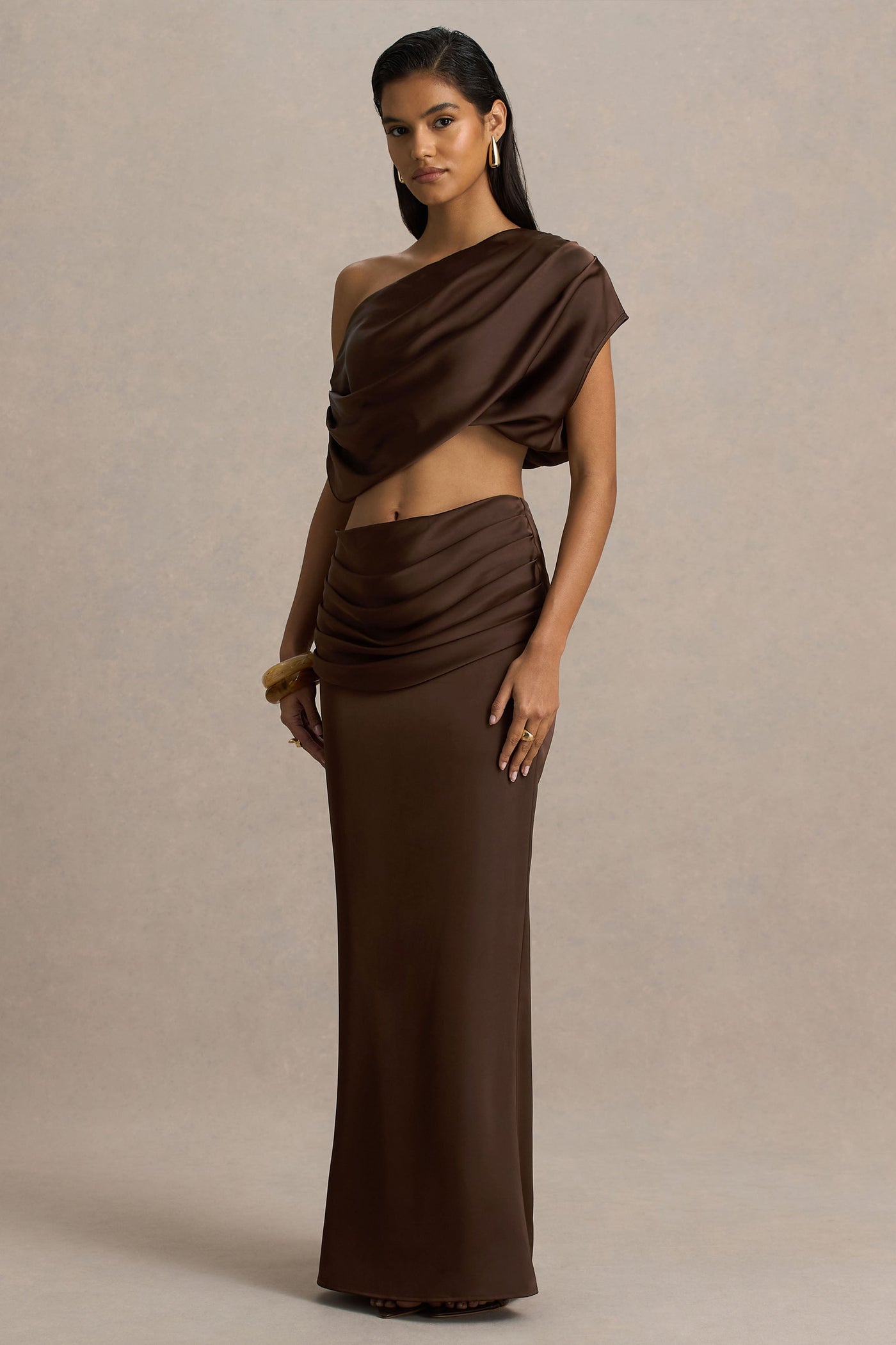 Megan | Brown Satin Wrap Maxi-Skirt With Gathered Detailing