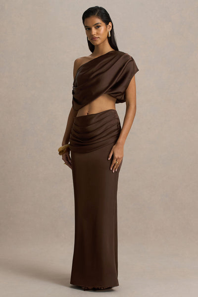 Megan | Brown Satin Wrap Maxi-Skirt With Gathered Detailing