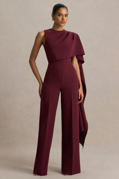 Sorenia | Burgundy High-Neck Jumpsuit With One-Cape Sleeve
