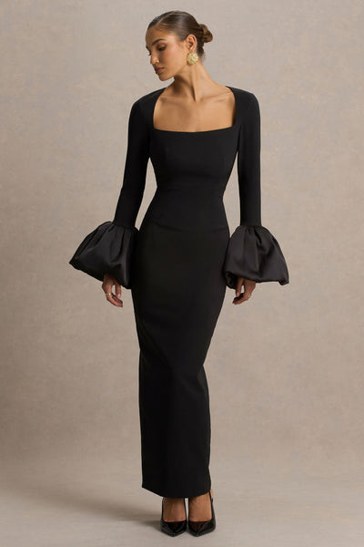 Retreat | Black Square-Neck Maxi Dress With Satin Puff-Sleeves