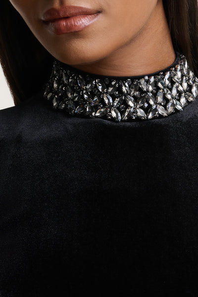Margot | Black High-Neck Velvet Mini Dress With Embellished Detail