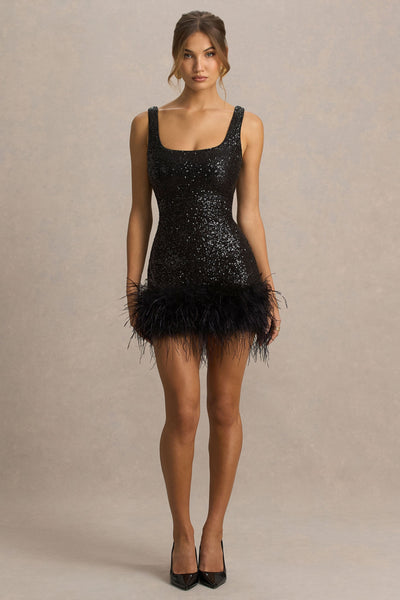 Rosalinda | Black Sequin Square-Neck Mini Dress With Feather Trim