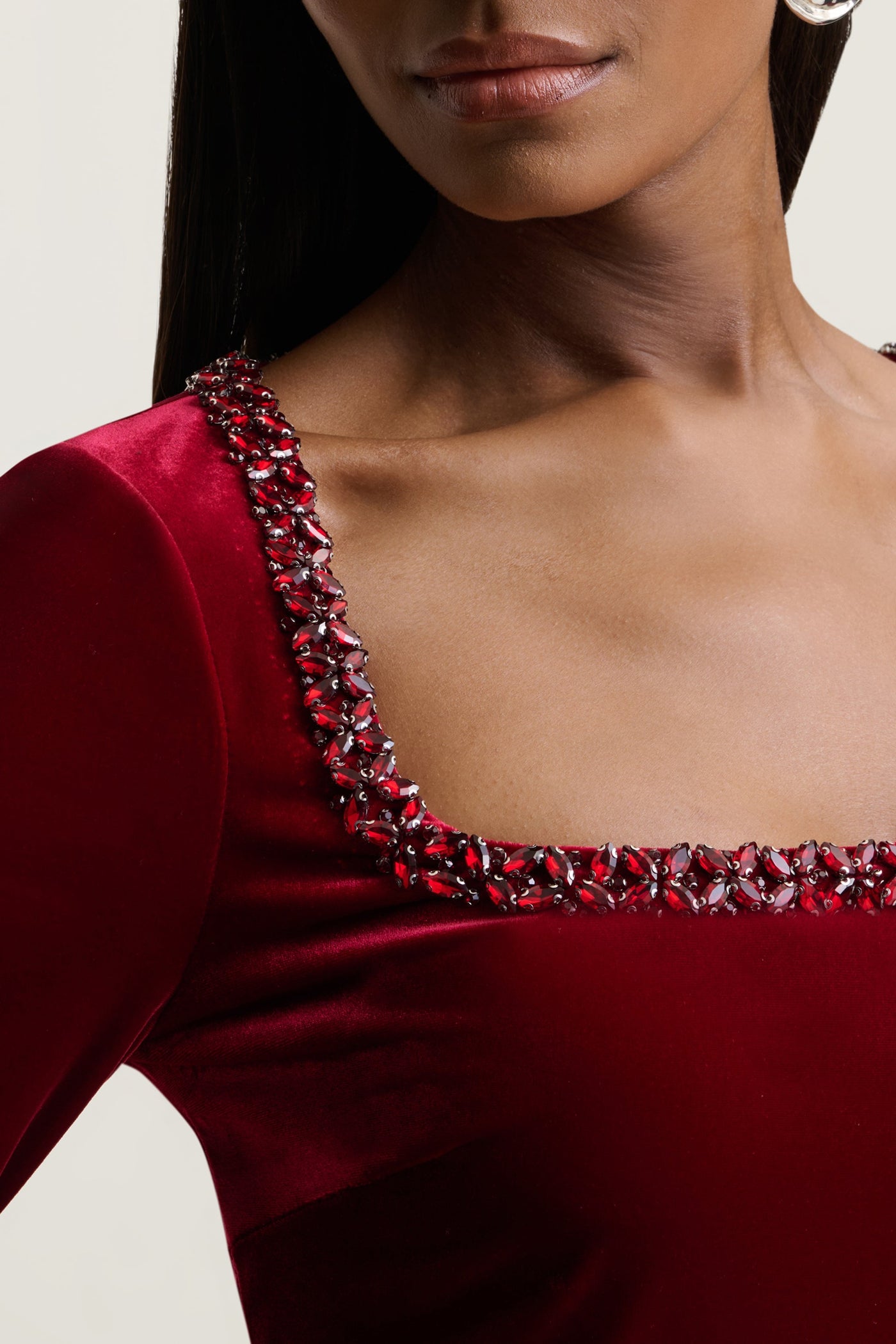 Beloved | Burgundy Velvet Hand-Embellished Square-Neck Mini Dress
