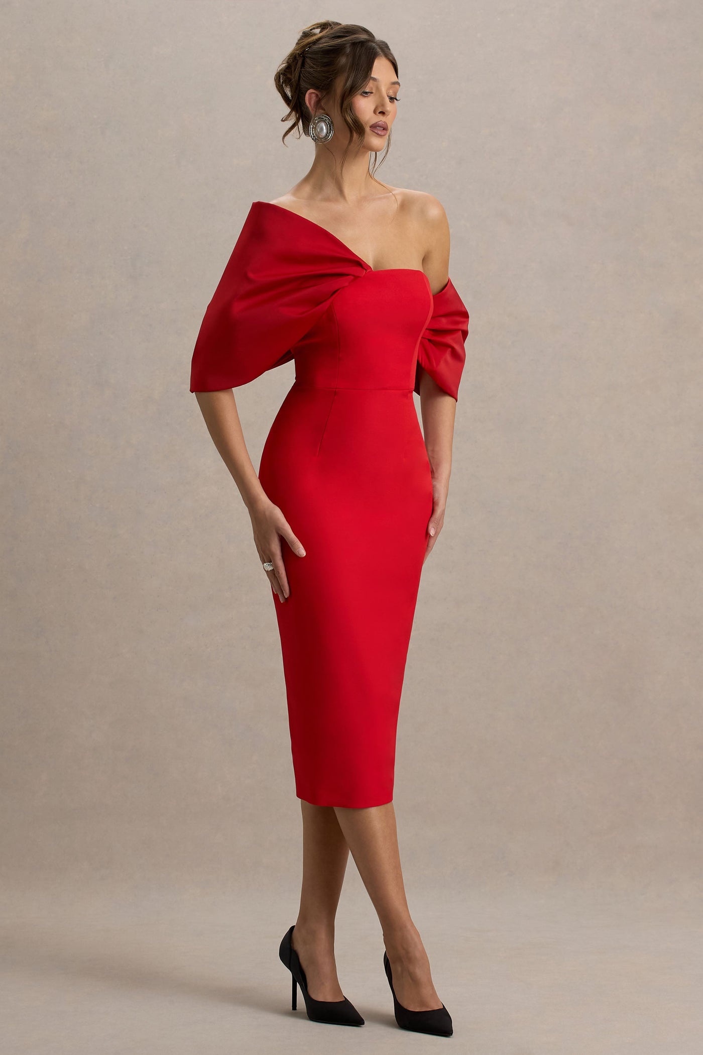 Lucille | Red Asymmetric Bardot Midi Dress With Bow Detail