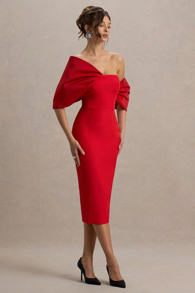 Lucille | Red Asymmetric Bardot Midi Dress With Bow Detail