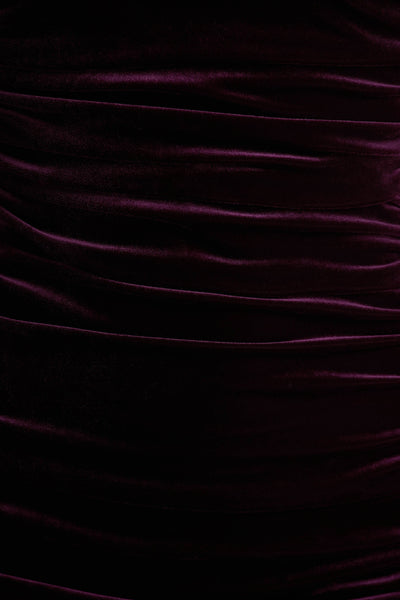 Treat | Burgundy Velvet Asymmetric-Neck Maxi Dress With Ruched Detailing.