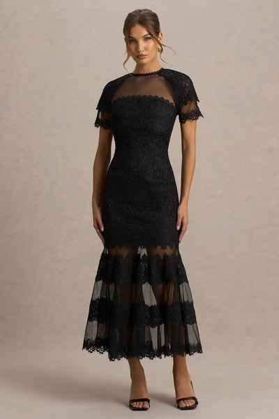 Leanne | Black Mesh And Lace Crew-Neck Fishtail Midi Dress