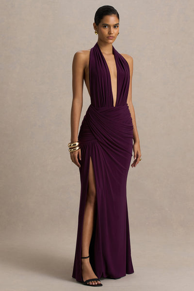 Tilly | Burgundy Extreme-Plunge Neck Maxi Dress With Wrap And Ruched Details