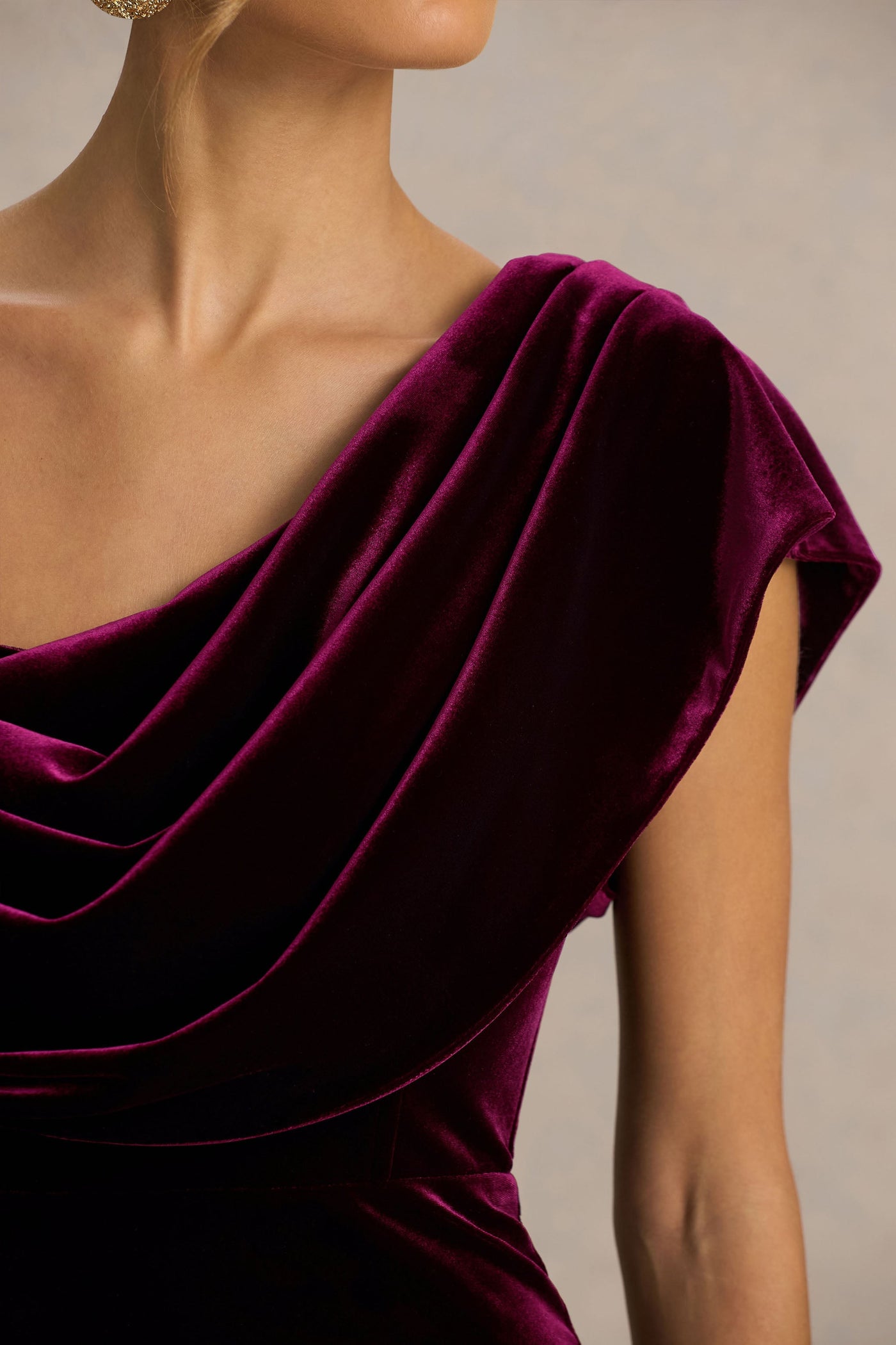High End | Burgundy Velvet Asymmetric-Neck Midi Dress With Draped Detailing