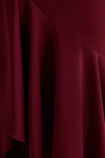 Rosy | Burgundy Satin Boat-Neck Maxi Dress With Front Split And Ruffled Detailing
