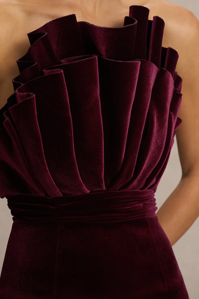 Polly | Burgundy Velvet Ruffled Strapless Mini Dress