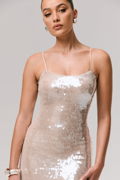 Vermont | Nude Sequin Square-Neck Maxi Dress